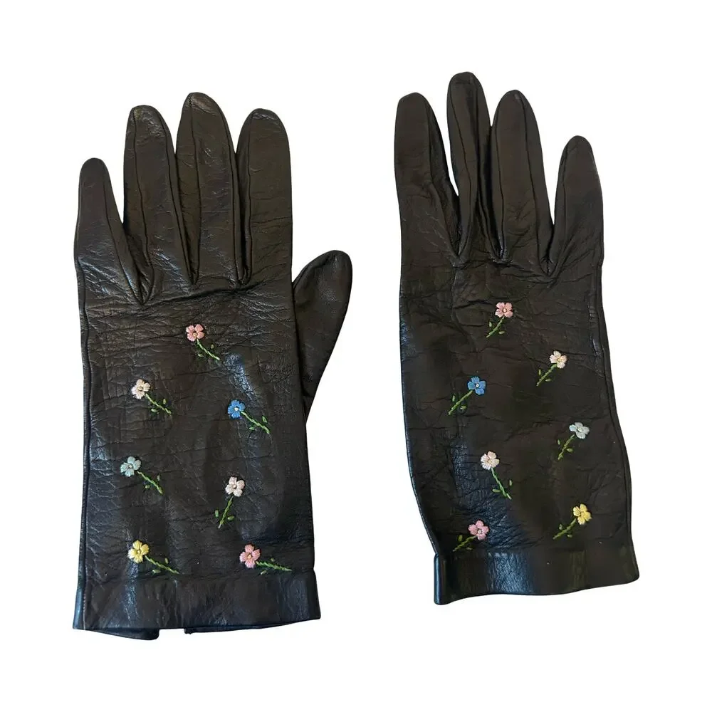 Genuine Leather Embroidered Floral Gloves – Vintage